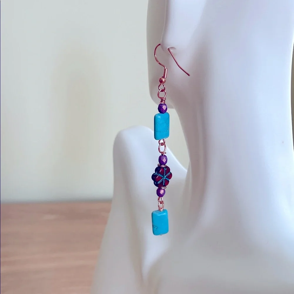 HAND CRAFTED TURQUOISE AND CZECH GLASS EARRINGS Copper Turquoise Purple Dangles